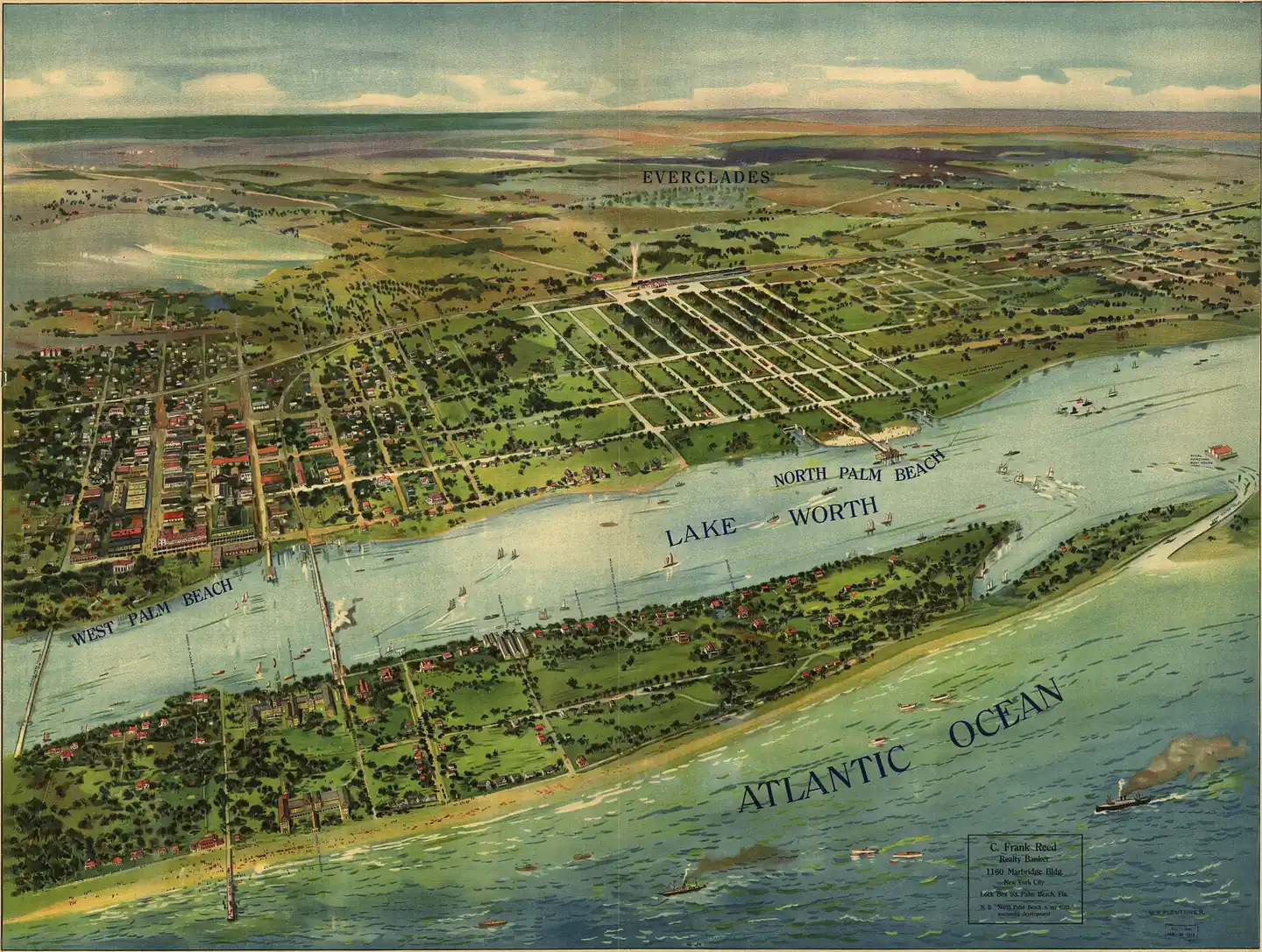 Coloured 1915 bird's-eye panoramic map: the street grid of West Palm Beach on the mainland, Lake Worth (labelled) running diagonally across the centre, the island of Palm Beach and the Atlantic Ocean below, the Everglades on the horizon and a publisher's box at lower right.
